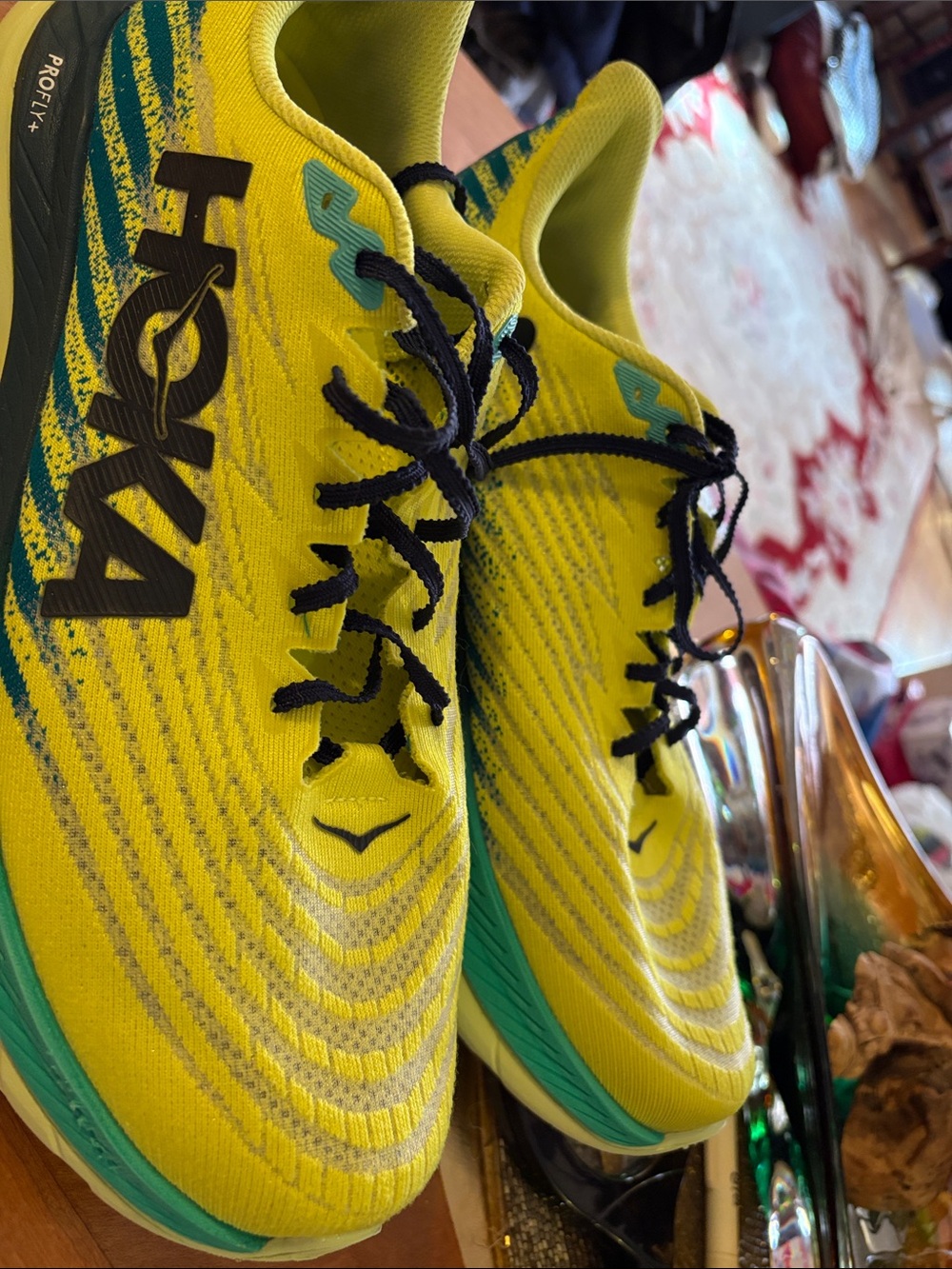 Hoka Men's Bright Yellow and Teal Running Shoes